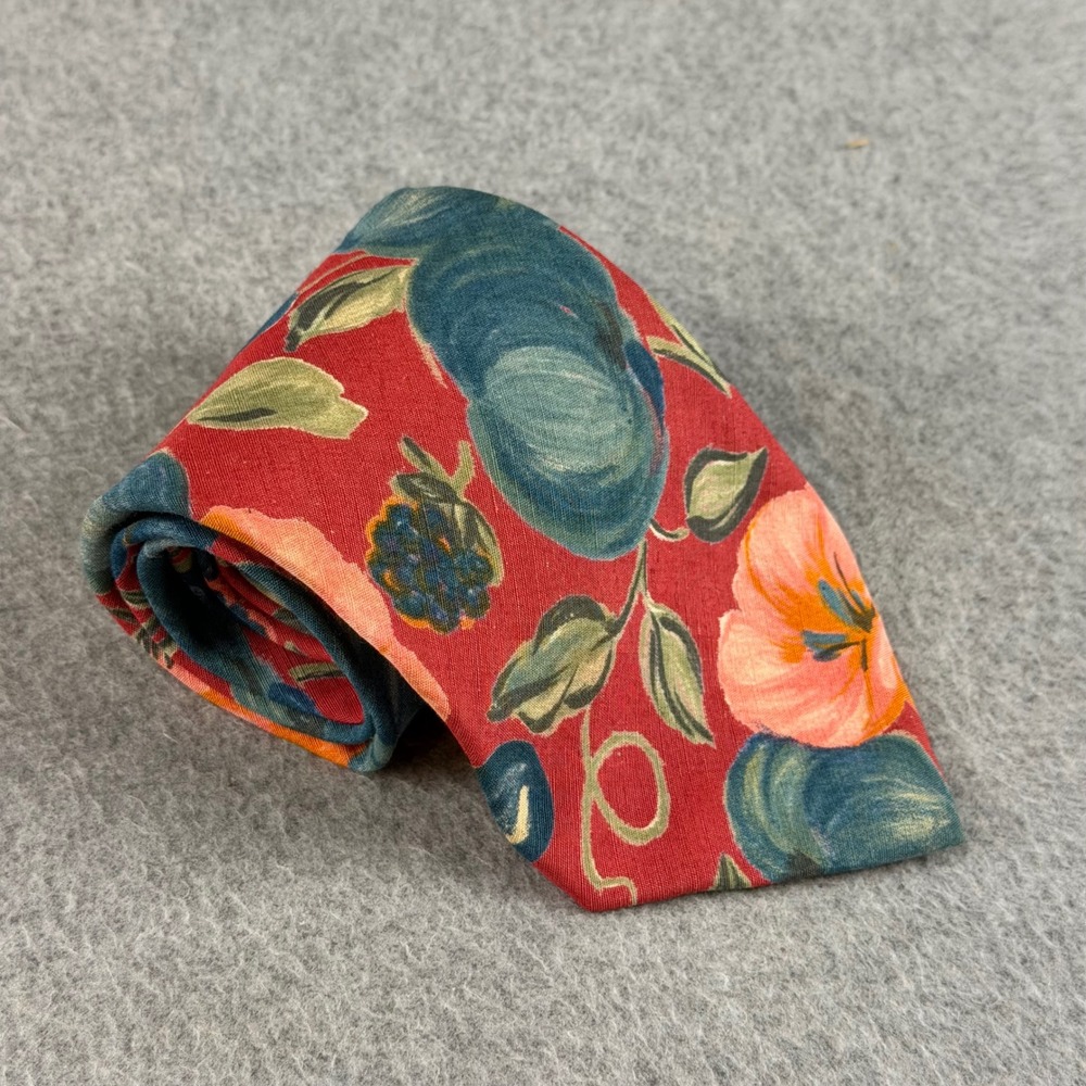 Vintage Banana Republic Safari & Travel Cotton Floral Fruit Tie Red USA 59x3.5"